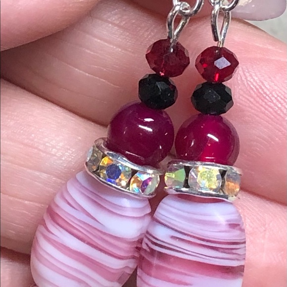 Glass and pink agate earrings in silver accents, burgundy hues - Picture 6 of 9